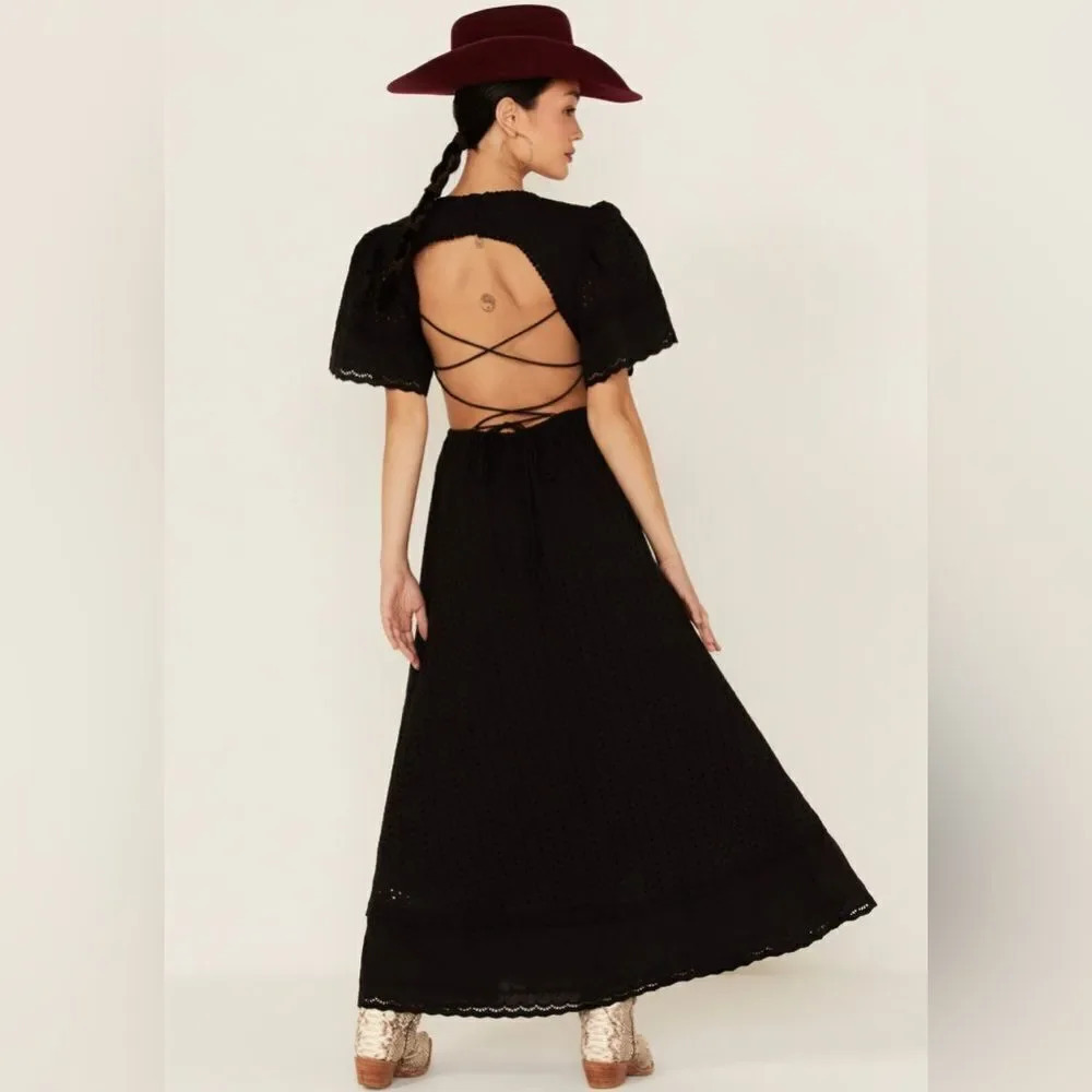 Maia Bergman Women's Crochet Eyelet Open Back Maxi Dress
